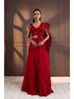 SMRITI - Red Embellished Drape Skirt with Top