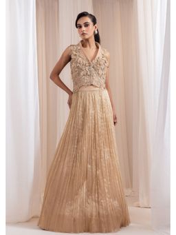 SMRITI - Beige Floral Embroidered Top with Skirt