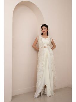 SMRITI - Ivory Wildflower Jacket and Drape Skirt with Top