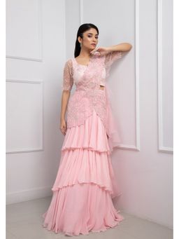 SMRITI - Crystal Pink Embellished Blouse with Skirt and Drape