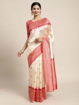 Akhilam - Women Silk Blend Off White Printed Designer Saree with Unstitched Blouse