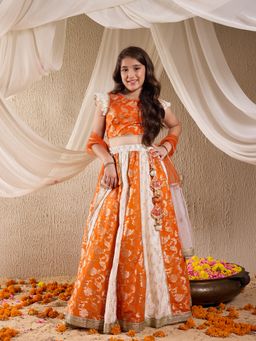 PSPeaches - Girls Printed Ready to Wear Lehenga & Blouse With Dupatta Orange (Set of 3)
