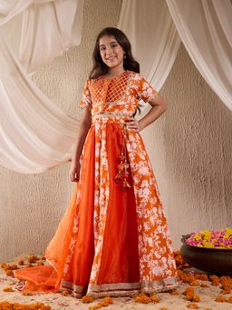 PSPeaches - Girls Printed Ready to Wear Lehenga & Blouse With Dupatta Orange (Set of 3)