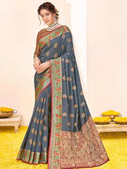 Odette - Womens Grey Silk Woven Design Saree with Unstitched Blouse