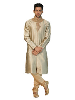 Manyavar - Mens Blended Silk Self Design Kurta Churidar (Set of 2)