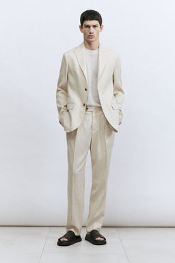 H&M - Men Beige Regular Fit Linen-Blend Suit Trousers