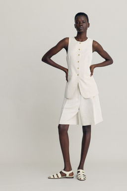 H&M - Women Beige Linen-Blend Bermuda Shorts