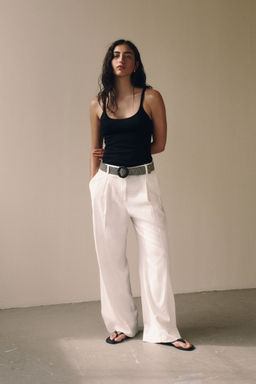 H&M - Women White Linen-Blend Belted Trousers