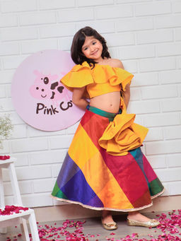 Pink Cow - Yellow Cow Multicoloured Ghaghra Choli (Set of 3)