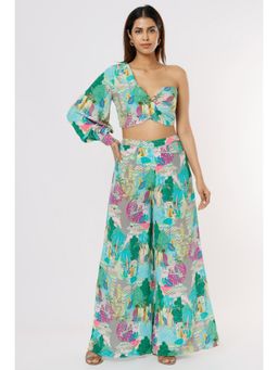 PS Pret by Payal Singhal - Grey Kuno Print Crepe One Shoulder Top with Palazzo (Set of 2)