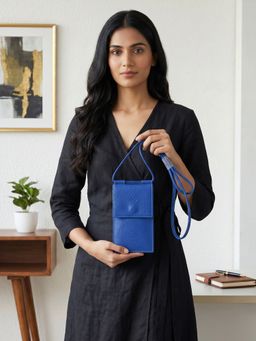 Nelumbo Nucifera - Handmade Leather Mobile sling Crossbody Mobile Holder- Blue