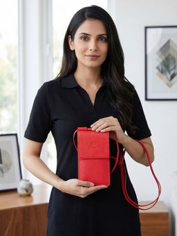 Nelumbo Nucifera - Lysandra Handmade Leather Mobile sling Crossbody Mobile Holder- Red