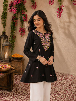 QAZMI - Bahar Kashmiri Zari Resham Work Viscose Rayon A-Line Kurti