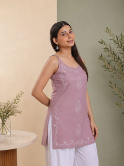QAZMI - Women Lavender Viscose Rayon Sleeveless Embroidered Kurti
