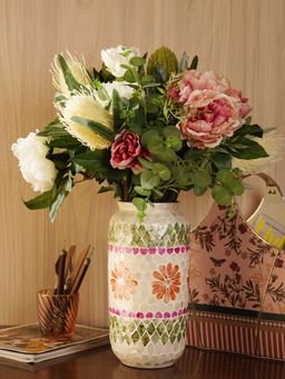 Pure Home + Living - Green & Pink Bamboo Capiz Shell Round Vase