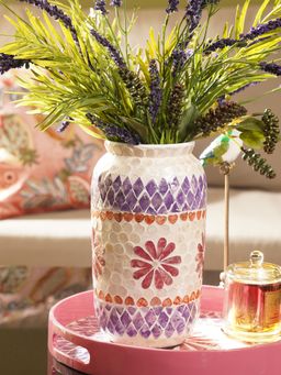 Pure Home + Living - Purple & Orange Floral Print Capiz Shell Vase
