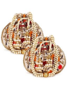 Anekaant - Dangle Cream & Multi-Color Floral Embroidered Faux Silk Potlis Combo (Pack Of 2)
