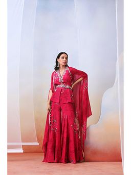 ISHA GUPTA TAYAL - Pink Printed and Embroidered Top with Sharara and Cape