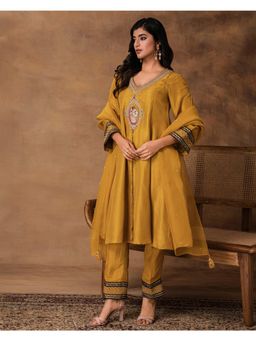 ISHA GUPTA TAYAL - Ambar Golden Yellow Silk Embroidered Kurta with Pant and Dupatta