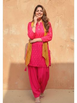 Ishnya - Phulkari - Hot Pink Jacquard Kurta And Salwar with Dupatta