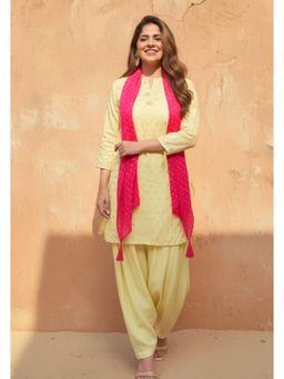 Ishnya - Phulkari - Butter Yellow Jacquard Kurta with Salwar and Dupatta