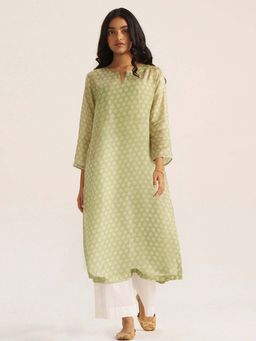 Ganga Fashions - Pistachio Green Silk Kurta