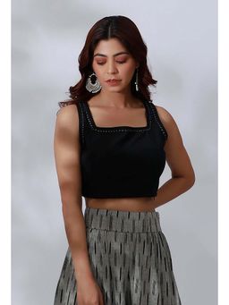 Tjori - Black Cotton Crop Top with Embroidery Detailing