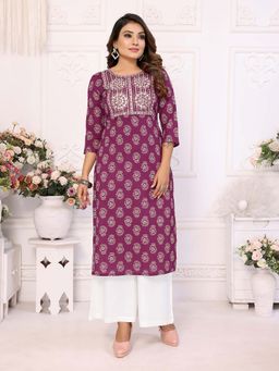 Rangita - Women Wine Cotton Embroidered Calf Length Straight Kurta