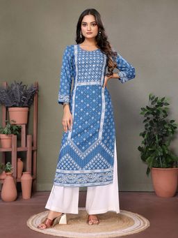 Rangita - Women Blue Rayon Printed Calf Length Straight Kurta