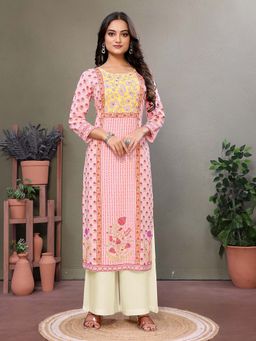 Rangita - Women Pink Rayon Printed Calf Length Straight Kurta