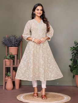 Rangita - Women Beige Chanderi Embroidered Calf Length Anarkali Kurta