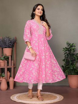 Rangita - Women Pink Chanderi Embroidered Calf Length Anarkali Kurta