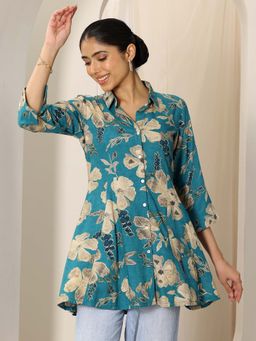 Libas - Blue Floral printed A-line Short Kurti