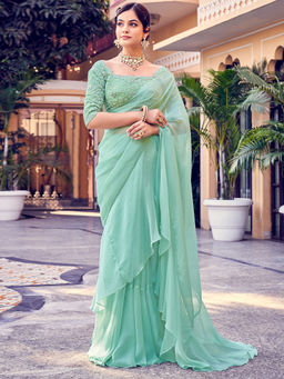 Odette - Sea Green Organza Solid Saree With Unstitched Blouse