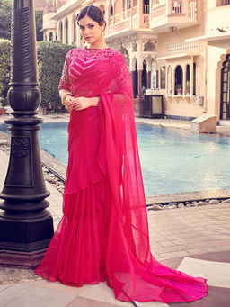 Odette - Pink Organza Solid Saree With Unstitched Blouse