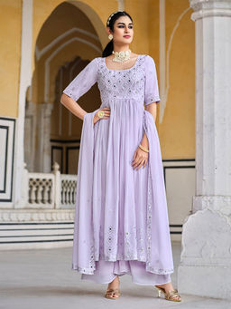 Odette - Lavender Semi Stitched Anarkali Kurta With Palazzo And Dupatta (Set of 3)