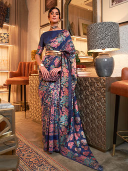 Odette - Festive Navy Blue Woven Saree with Unstitched Blouse