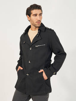 Styli - Black Collar Neck Coats Jacket