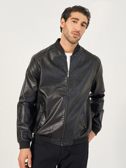 Styli - Black Mandarin Neck Bomber Jacket