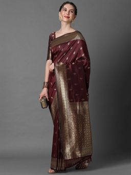 Odette - Brown Festive Silk Blend Woven Design Saree with Unstitched Blouse