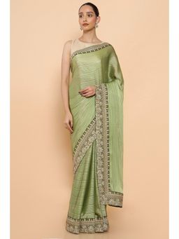 Soch - Women Green Chiffon Embroidered Saree with Unstitched Blouse