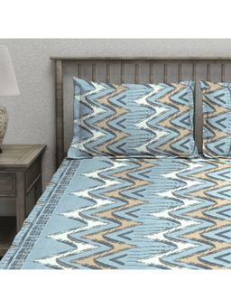 AURAVE - Blue Printed Cotton Blend King Fitted Bedsheet with 2 Pillow Covers