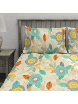 AURAVE - Multicolor Printed Cotton Blend King Fitted Bedsheet with 2 Pillow Covers