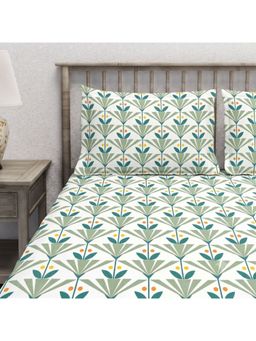AURAVE - Green Printed Cotton Blend King Fitted Bedsheet with 2 Pillow Covers