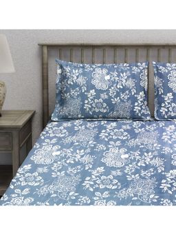 AURAVE - Blue Printed Cotton Blend King Fitted Bedsheet with 2 Pillow Covers