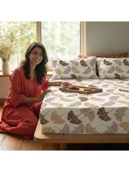 AURAVE - Printed Cotton Blend King Fitted Bedsheet with 2 Pillow Covers