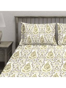 AURAVE - Olive Green Printed Cotton Blend King Fitted Bedsheet with 2 Pillow Covers