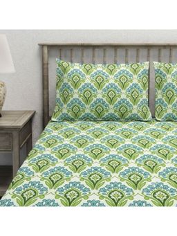AURAVE - Green Printed Cotton Blend King Fitted Bedsheet with 2 Pillow Covers