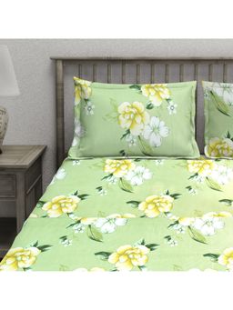 AURAVE - Green Printed Cotton Blend King Fitted Bedsheet with 2 Pillow Covers