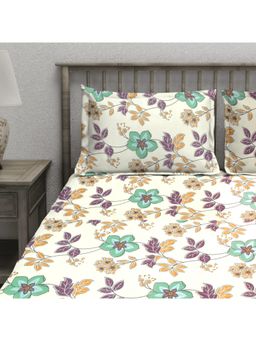 AURAVE - Multicolor Printed Cotton Blend King Fitted Bedsheet with 2 Pillow Covers